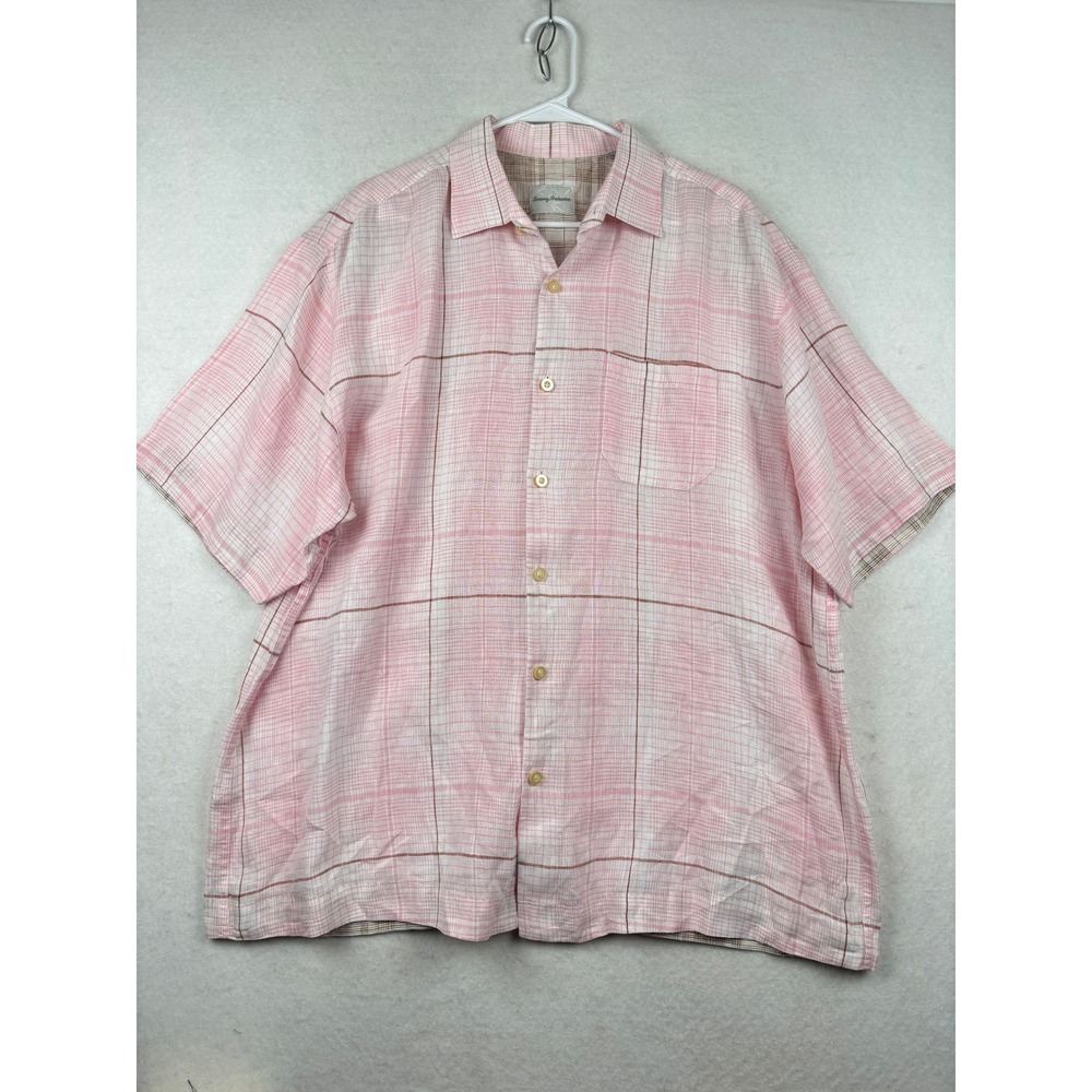 Tommy Bahama Linen Shirt Mens XL Short Sleeve Plaid Coastal Relaxed